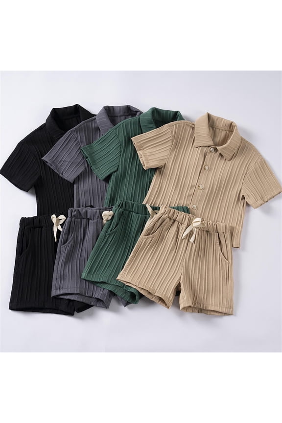 Kids 2 Piece Outfit Short Sleeve Solid Color Button Top with Shorts