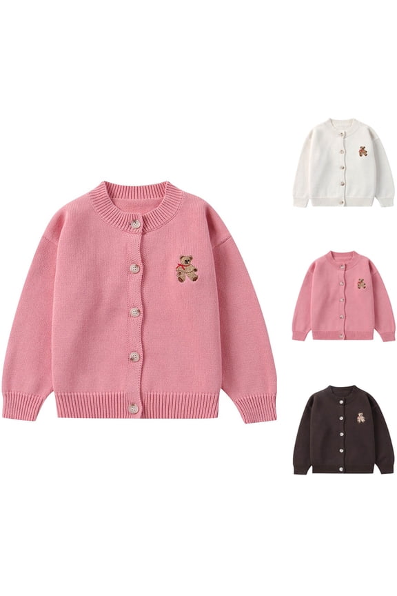 Kids Bear Print Cardigan Long Sleeve Round Neck Button Front Knit Sweater Top
