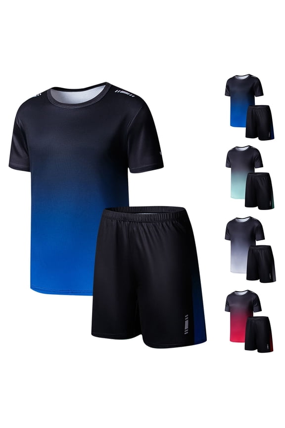 Kids Ombre Sport Set Short Sleeve Gradient Crewneck Tee with Elastic Shorts Quick Dry Wear