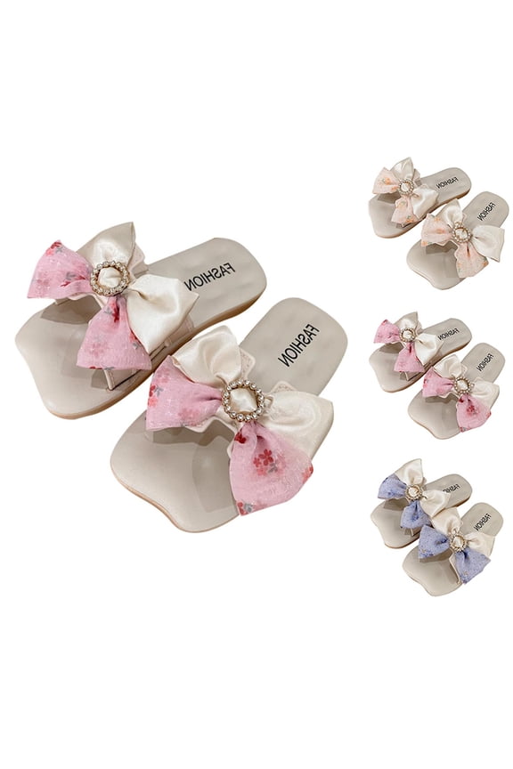 Kids Leather Bow Pearl Sandals Slide On Soft Sole Summer Beach Flip Flops
