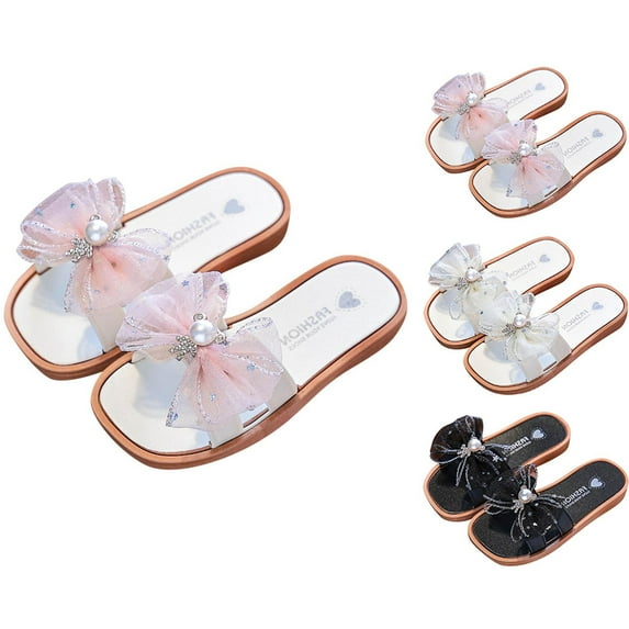 YHAJDS Kids Pearl Bow Slide Sandals Soft Sole Summer Beach Thong Flip Flops