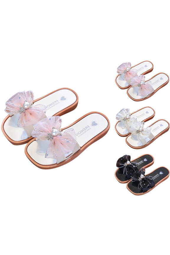 Kids Pearl Bow Slide Sandals Soft Sole Summer Beach Thong Flip Flops