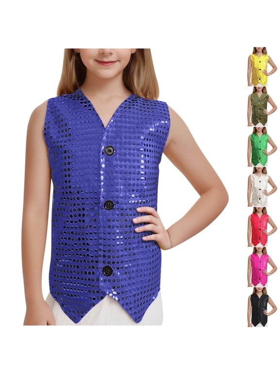 Kids Sequin Vest Sleeveless Solid Reversible Sparkle Lightweight Summer Layering Top