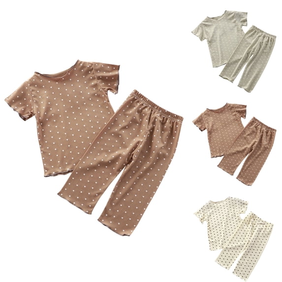 YHAJDS Kids Set Polka Dot Short Sleeve Crewneck Tee with Elastic Long Pants Breathable Summer Home