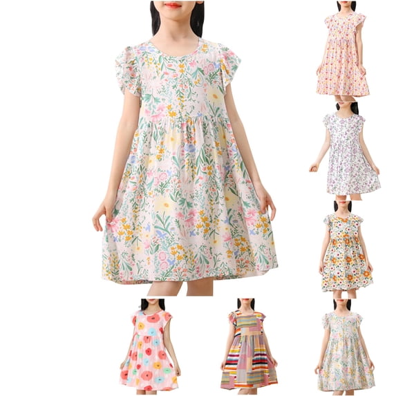 YHAJDS Little Kids Girls Short Sleeve Dress Embroidery Print Puff Sleeve Summer Casual Sundress
