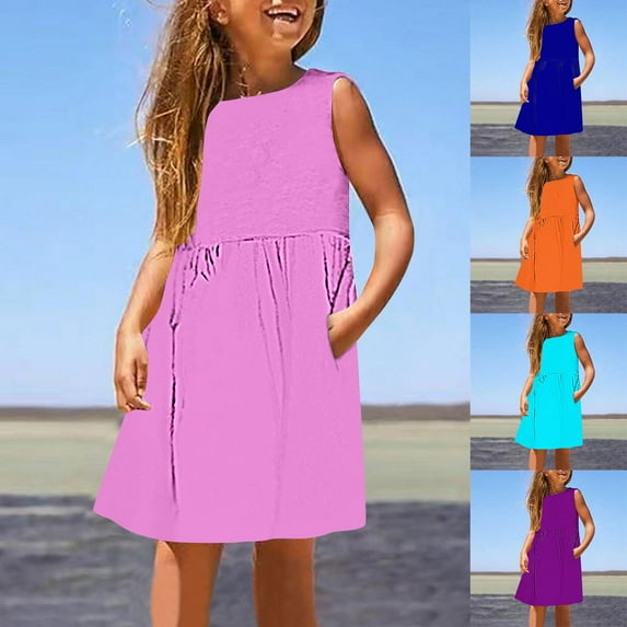 YHAJDS Kids Sleeveless Dress Round Neck Pocket Print Casual Summer Sundress