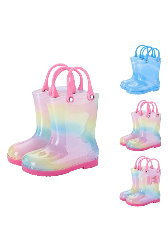 Kids Tie Dye Rain Boots Bow Decor Handle Waterproof Non Slip Short Rubber Shoes for Girls
