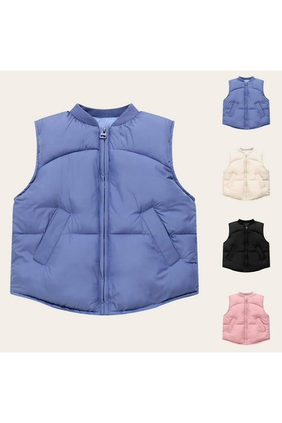 Kids Winter Coat 3-12Y Boys Girls Sleeveless Solid Color with Zipper No Hood Casual Warm Outerwear Jacket