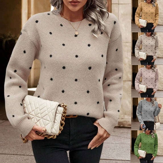YHAJDS Knit Sweaters for Women Polka Dot Crew Neck Long Sleeve Casual Pullover Knit Tops Winter Outfits