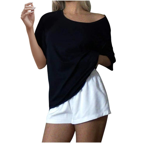 YHAJDS Lace Tops for Women Blouses Dressy Casual Solid Color Asymmetric Shoulder Short Sleeve Blouse
