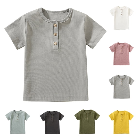 YHAJDS Little Boy Girl Short Sleeve Button Shirt Solid Color Cotton Casual Top