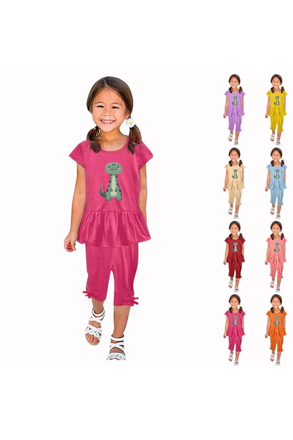 Little Girl 2 Piece Outfit Short Sleeve Ruffle Print Pants