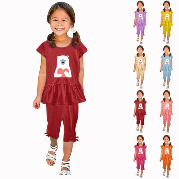 YHAJDS Baby Girl Summer Clothes Small Print Short Sleeve Ruffle Top Crop Pants Set