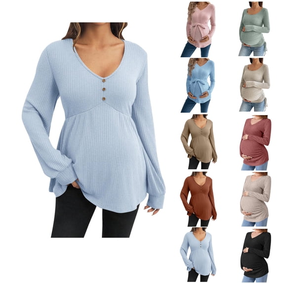 YHAJDS Maternity Long Sleeve Top Ribbed V Neck Tie Detail Curved Hem Slim Fit Stretch Fall Casual Shirt
