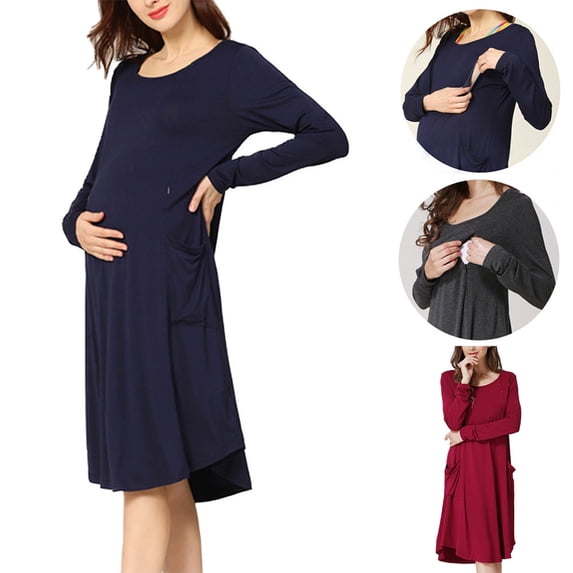 YHAJDS Maternity Nursing Dress Long Sleeve Zipper Solid Color Breastfeeding Dress