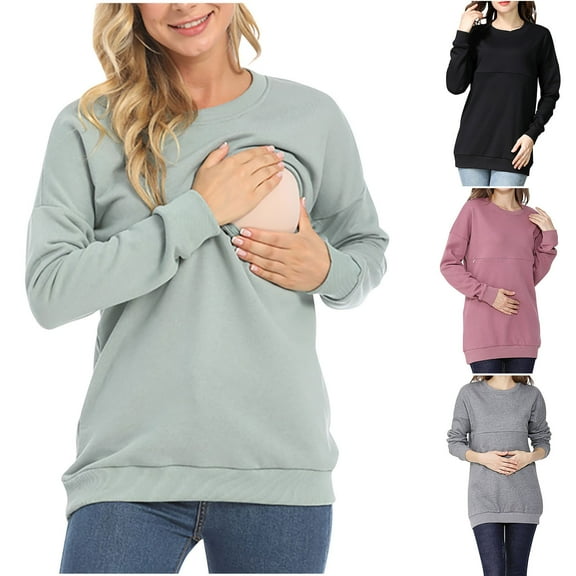 YHAJDS Maternity Nursing Shirt Women Round Neck Long Sleeve Solid Color Loose Sweatshirt