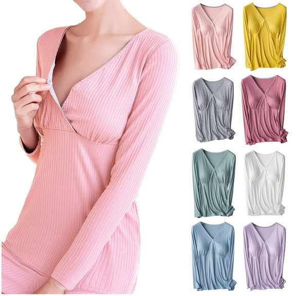 YHAJDS Maternity Nursing Shirts Solid Color Long Sleeve V Neck Button Spring Summer Relaxed Daily Blouse