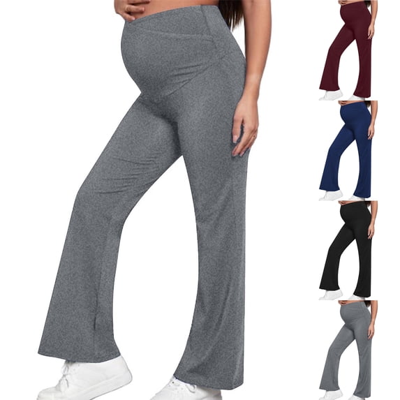 YHAJDS Maternity Pants Solid Color High Waist Over The Belly Pocket Yoga Pants