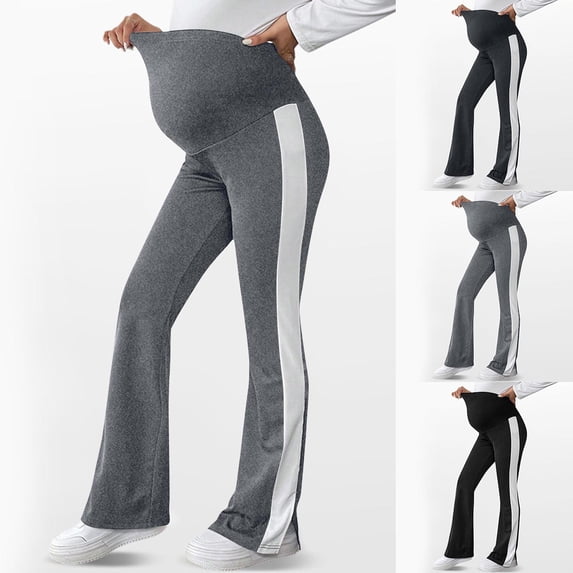 YHAJDS Maternity Wide Leg Jeans Black Color Slit Over Belly High Waist Pants