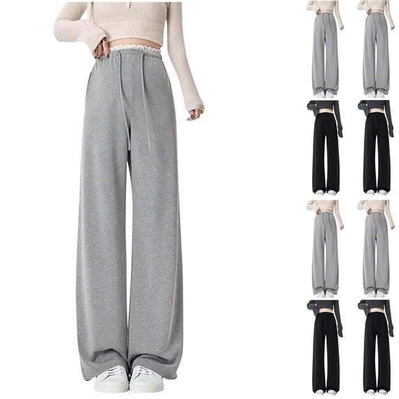 YHAJDS Maternity Wide Leg Jeans Lace Waist Drawstring Adjustable Flowy Full Length Stretchy Pregnancy Pants