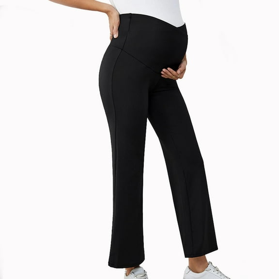 YHAJDS Maternity Wide Leg Pants Womens Solid Color High Waist Over The Belly Flare Pants Full Length