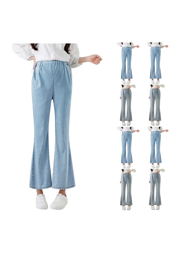 Maternity Women’s Jeans Stretchy Side Drawstring Flare Leg Cropped Denim Pants for Pregnancy