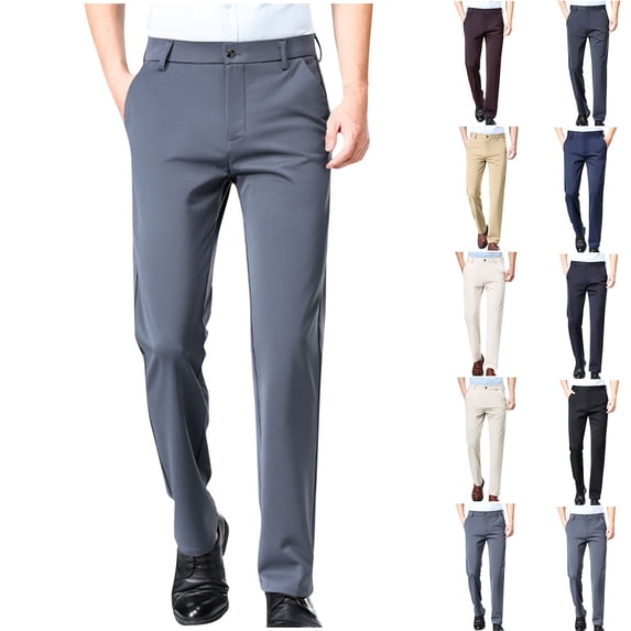 YHAJDS Men Button Dress Pants Solid Color Tapered Casual Work Bottoms