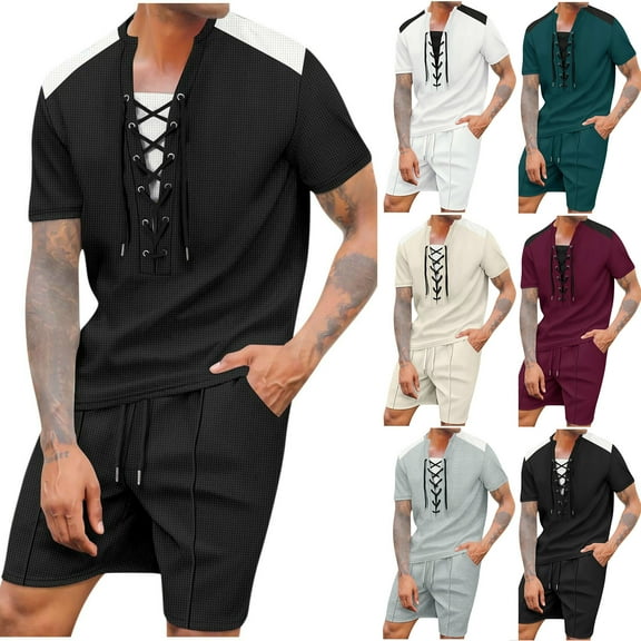 YHAJDS Men Sets 2 Piece Outfits Color Drawstring Crew Neck Short Sleeve Top Elastic Waist Casual Shorts Set Summer Wear