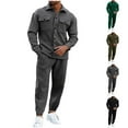 thumbnail image 1 of YHAJDS Men Suit Set 2 Piece Suits for Men Solid Color Long Sleeve Collared Cardigan Jacket and Elastic Waist Drawstring Cuffed Pants Gentlemen Fashion Sets Fall Winter Casual Outfits, 1 of 5