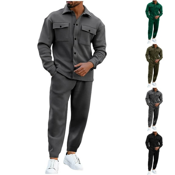 YHAJDS Men Suit Set 2 Piece Suits for Men Solid Color Long Sleeve Collared Cardigan Jacket and Elastic Waist Drawstring Cuffed Pants Gentlemen Fashion Sets Fall Winter Casual Outfits