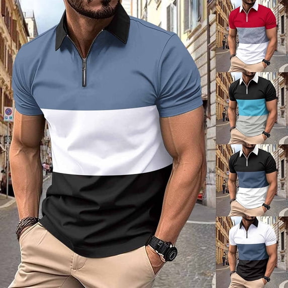 YHAJDS Zip Polo Shirt Men Casual Color Block Short Sleeve Collared Summer Top