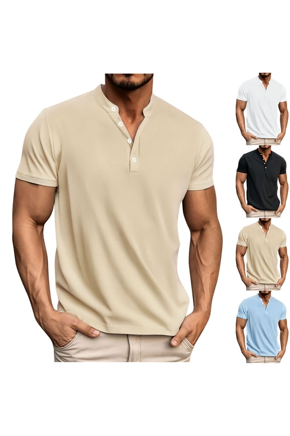 Men Tops Summer Casual T-shirt,Mens Summer Shirts Solid Color Mandarin Collar Button Short Sleeve Collar Shirts for Men Slim Casual Daily Shirt