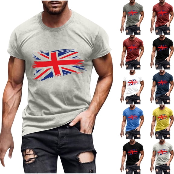 YHAJDS Men Tops Summer Casual T-shirt,T-shirt for Men British Print Crew Neck Short Sleeve Summer Casual Daily and Outdoor Wear Tops