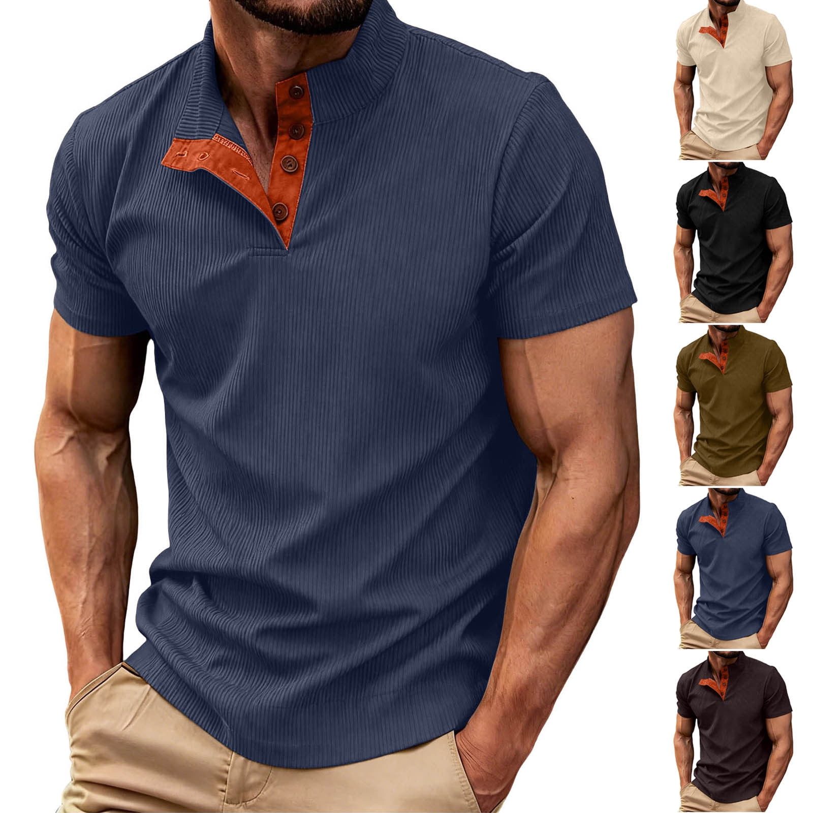 YHAJDS Men Corduroy Mandarin Top Solid Color Short Sleeve Casual