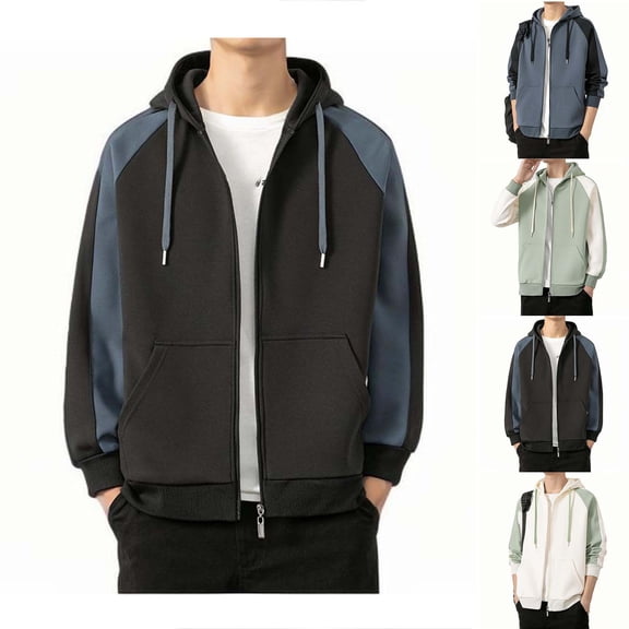 YHAJDS Men Winter Coats Casual Jackets for Men Fleece Sweater Long Sleeve Color Block Hooded Sweatshirt Jacket with Drawstring Zipper Pockets Casual Outerwear for Winter