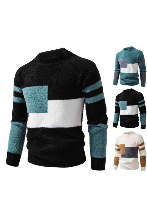 Men's Mock Neck Sweater Color Block Heavyweight Stretch Knit Pullover Winer Warm Clothes
