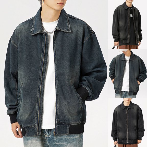 YHAJDS Men's Winter Casual Coat,Casual Jackets for Men Men Coats and Jackets Fall Motorcycle Denim Jacket with Pockets Zip Up Long Sleeve Casual Outerwear Jacket