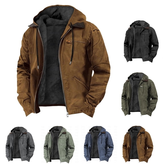 YHAJDS Men's Winter Casual Coat,Men Winter Coats Fleece Sweater Men Casual Jackets for Men Long Sleeve Solid Color Hooded Zipper Fleece Lined Casual Sweatshirt Jacket for Winter