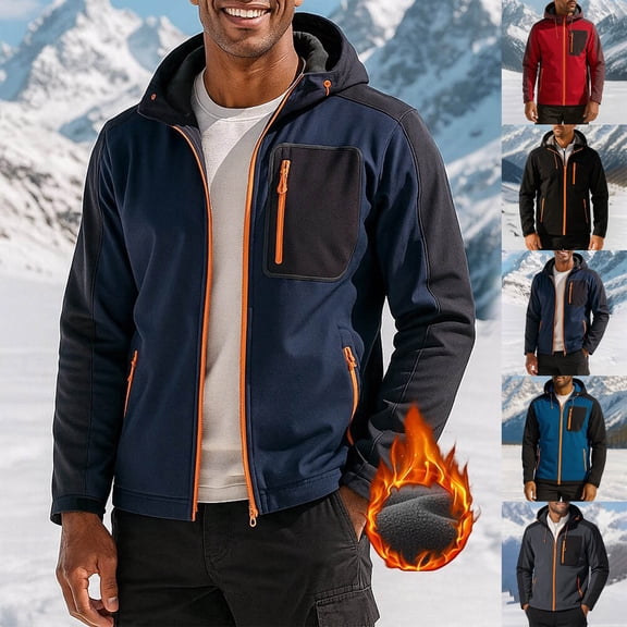 YHAJDS Men's Winter Casual Coat,Men Winter Coats Winter Coats for Men Solid Color Hooded Jacket for Men Long Sleeve Windproof Water Repellent Fleece Lined Outdoor Coat with Zipper Pockets