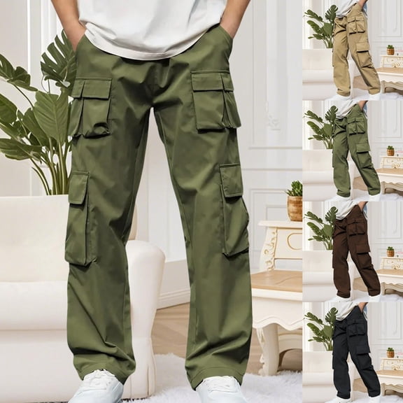 YHAJDS Men's Winter Casual Pants,Cargo Pants Solid Color Comfortable Warm Full Length Pants With Multiple Pockets Elastic Waist Winter Work Pants