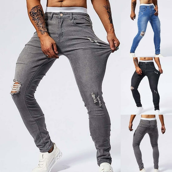 YHAJDS Men's Winter Casual Pants,Jeans for Men Solid Color Washed Elastic Slim Skinny Cuffed Ankle With Pockets Winter Warm Denim Pants