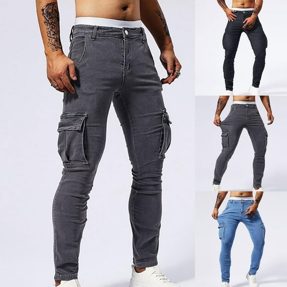 YHAJDS Men's Winter Casual Pants,Jeans for Men Solid Color Washed Elastic Slim Skinny Cuffed Ankle With Pockets Winter Warm Denim Pants