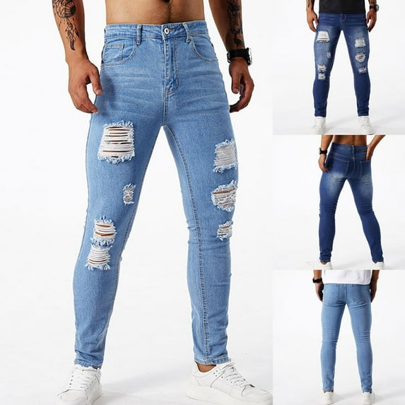 YHAJDS Men's Winter Casual Pants,Jeans for Men Solid Color Washed Ripped Elastic Slim Skinny With Pockets Winter Warm Denim Casual Pants