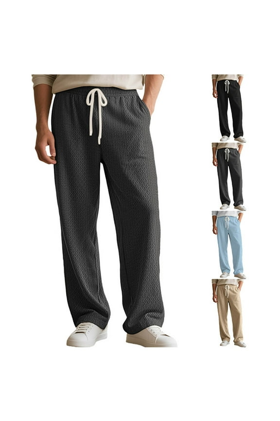 Men's Winter Casual Pants,Men's Casual Pants Solid Color Loose Straight Knit Drawstring Hem Split Full Length Pants