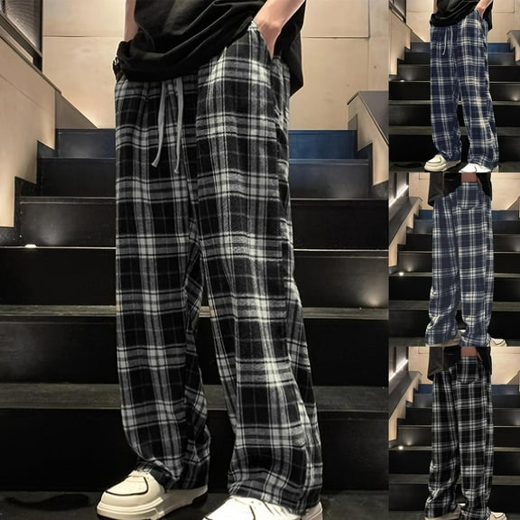 YHAJDS Men's Winter Casual Pants,Mens Casual Pants Plaid Print Sweatpants With Pockets Elastic Waist Drawstring Full Length Comfortable Loungewear Pants