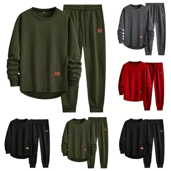YHAJDS Men's Winter Casual Set,Casual 2 Piece Sets for Cold Men Outfit Sets Mens Fall Winter Outfit Sets Solid Color Fleece Lined Thickened Long Sleeve Pullover Top and Pants Warm Set