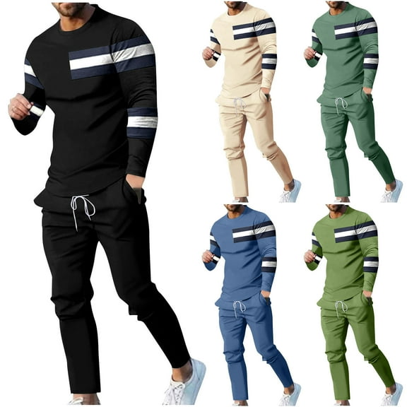 YHAJDS Men's Winter Casual Set,Men Outfit Sets 2 Piece Sets for Daily Use Mens Fall Winter Outfit Sets Long Sleeve Crew Neck Color Block T Shirt and Elastic Waist Pants Casual Set