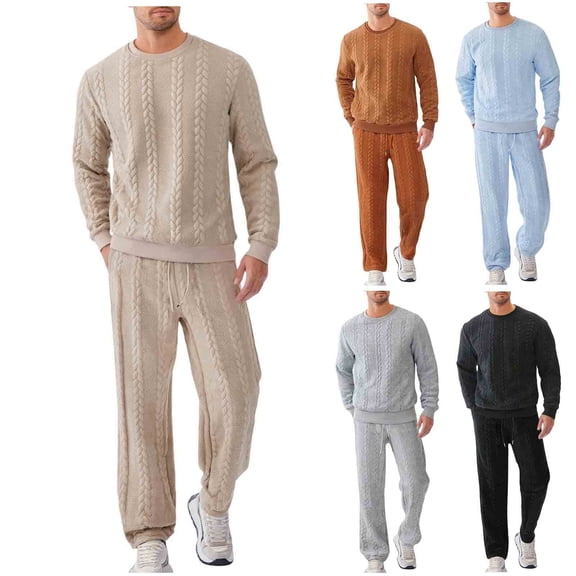 YHAJDS Men's Winter Casual Set,Men Outfit Sets 2 Piece Sets for Men Solid Color Loose Casual Sports Jacquard Long Sleeve Crew Neck Top with Pocket Drawstring Pants 2 Piece Sets