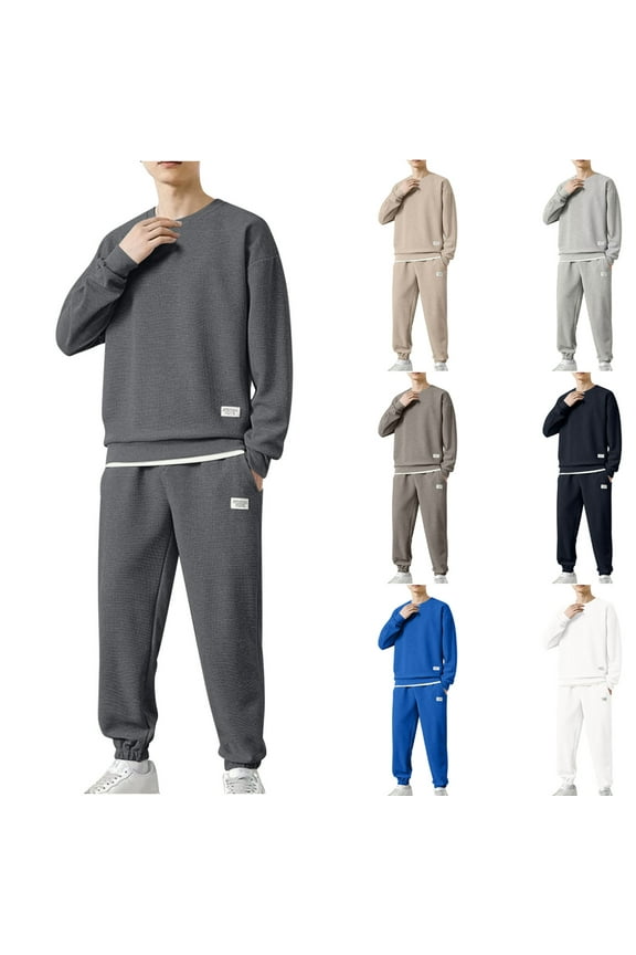 Men's Winter Casual Set,Men Outfit Sets Casual 2 Piece Sets for Men Solid Color Long Sleeve Crew Neck Shirt with Pants Casual 2 Piece Sets