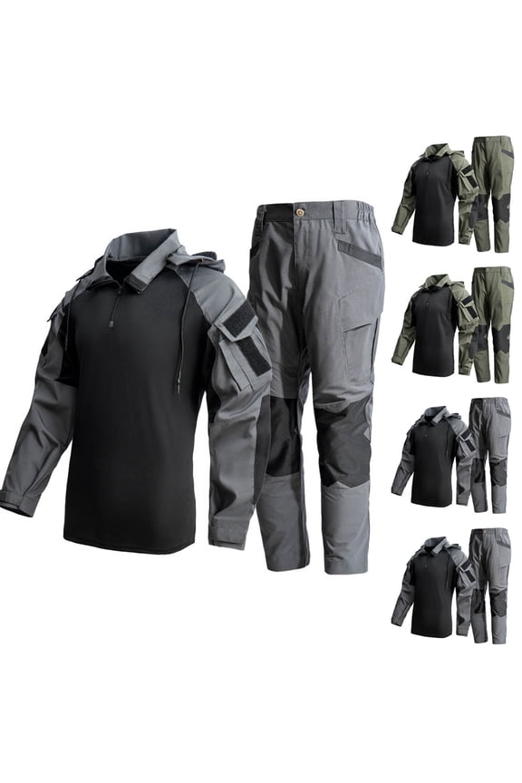 Men's Winter Casual Set,Men Workwear Sets Mens Utility Workwear Sets Solid Color Long Sleeve Zipper Hooded Outdoor Tactical Uniform and Cargo Pants Multi Functional Fall Winter Outfits